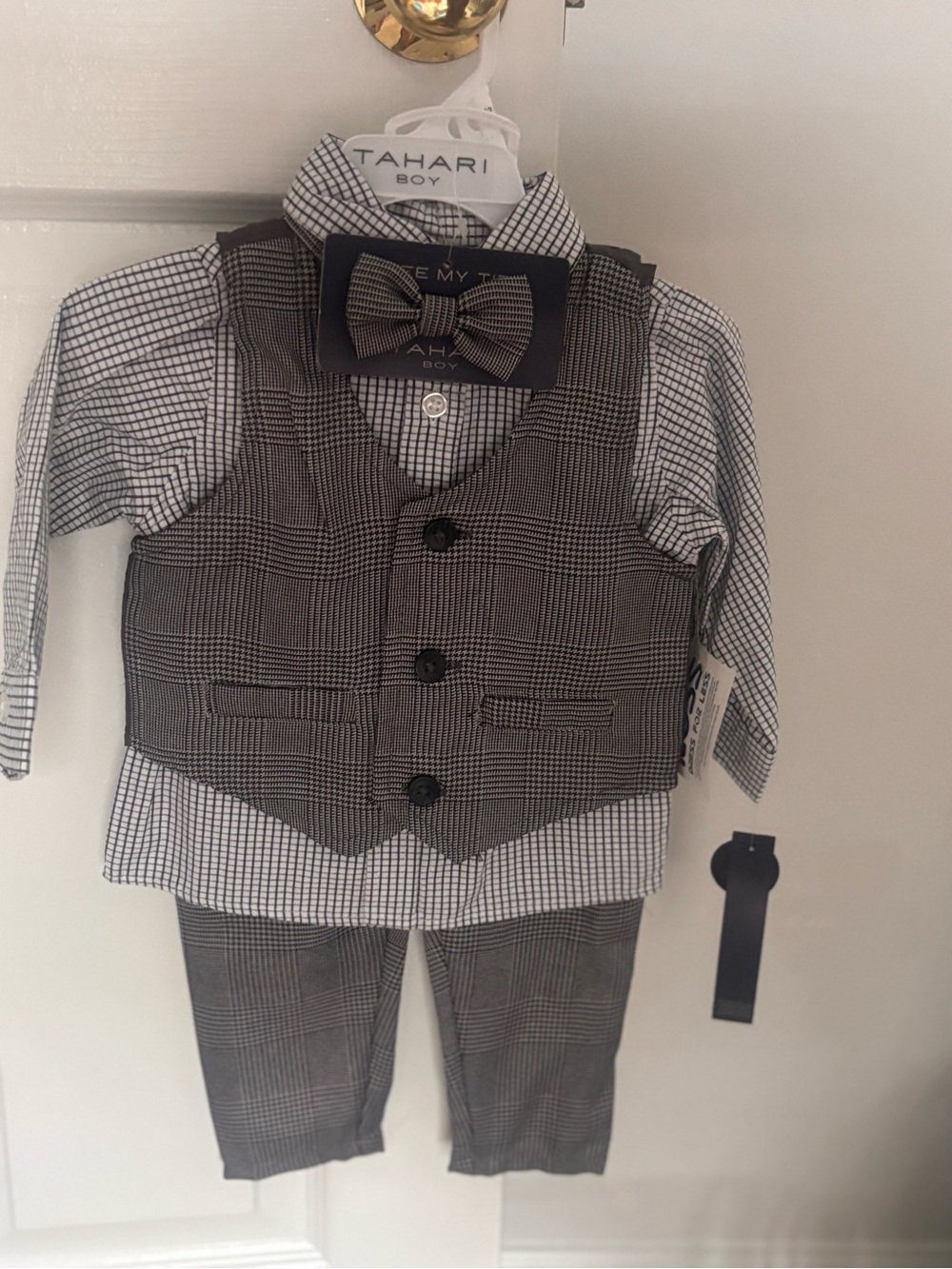 Tahari Boy Black and White Plaid Vest Set with Coordinating Bow Tie